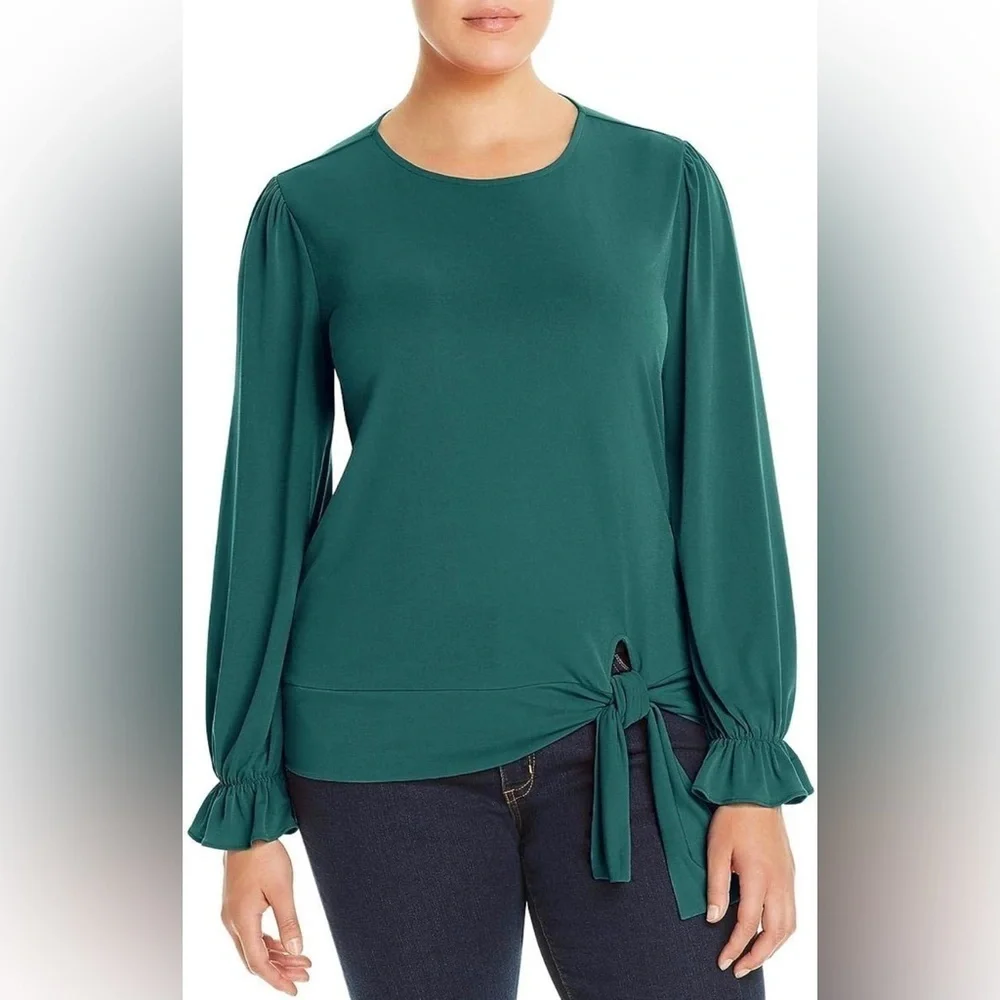 Michael Michael Kors Women's Tie-Front Ruffle-Sleeve Top, Dark Emerald Size S - Picture 3 of 5